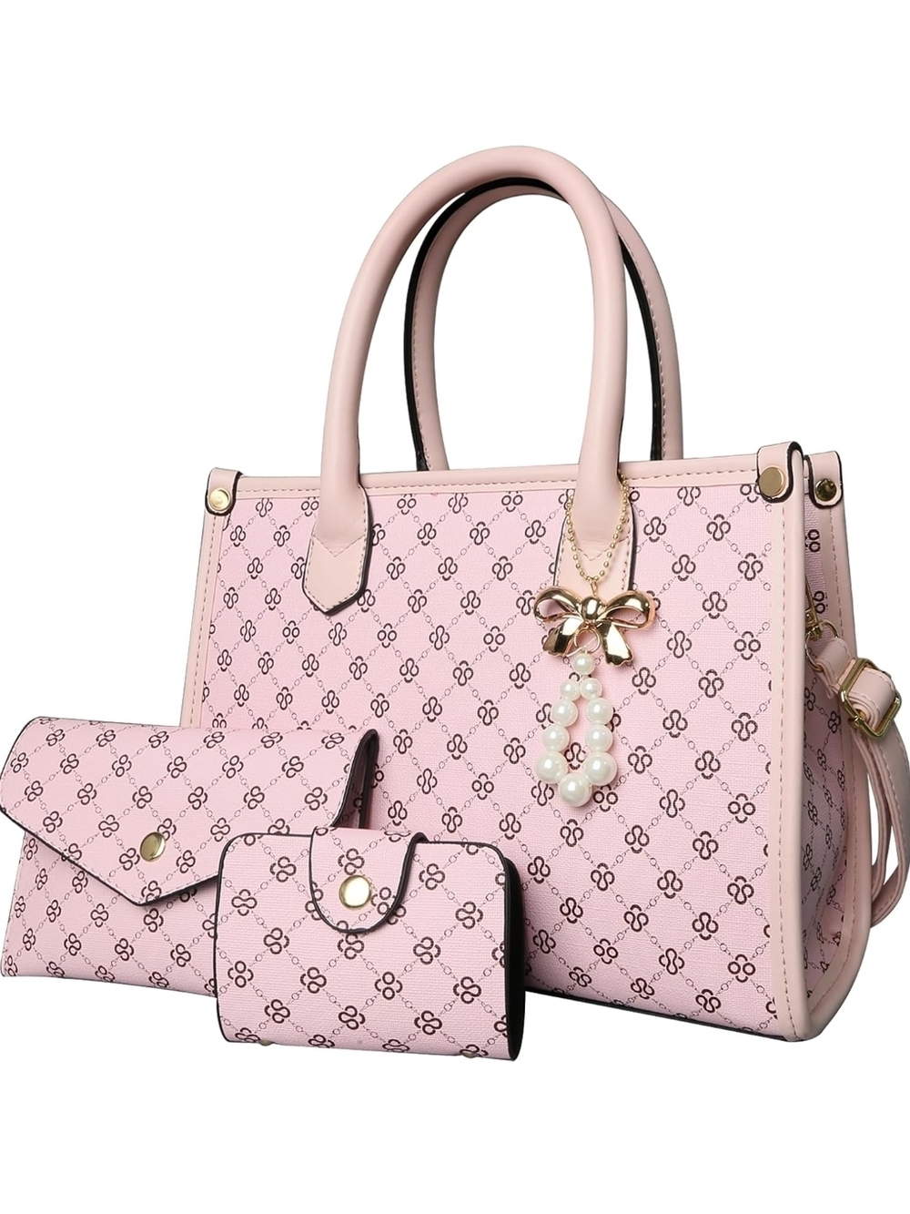 Pink Patterned Women's Satchel Handbag Set
